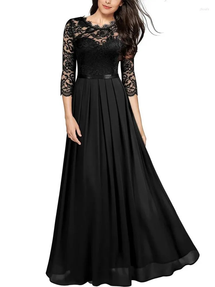 Robes décontractées robe en dentelle femmes évider noir en mousseline de soie couture longue 2023 été mode tempérament O cou mince fête