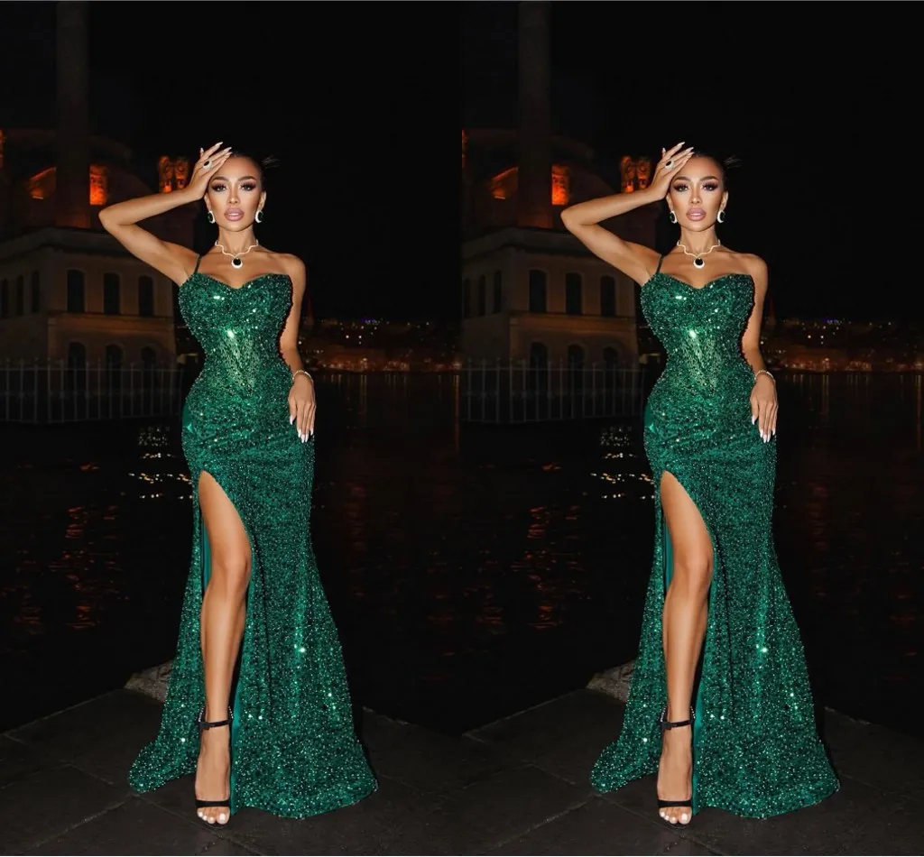 Sparkly Mermaid Spaghetti Straps Dark Green Sequins Long Prom Dresses With Split Formal Evening Gowns Y1460 main image 1