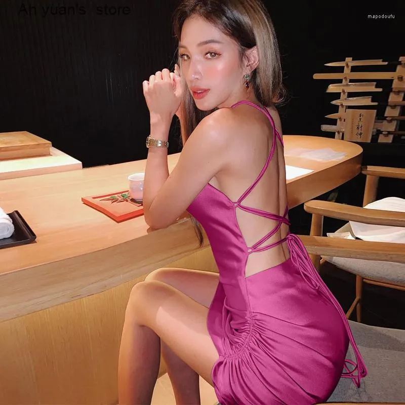 Abiti casual Ah yuan senza retro raso sexy mini abito femminile elegante fuori spalla estate 2023 spaghetti cinghia senza manica verde