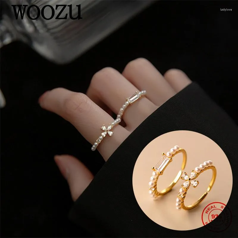 Cluster Rings Woozu Real 925 Серебряный серебряный серебряный романтический цветочный квадратный квадратный жемчуг циркона регулируется для женщин свадебные украшения подарки