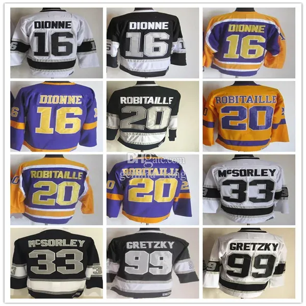 Custom La Vintage Hockey Jerseys 99 Wayne Gretzky 33 Marty McSorley 20 Luc Robitaille 16 Marcel Dionne gestikt Retro -uniformen Zwart Wit Y