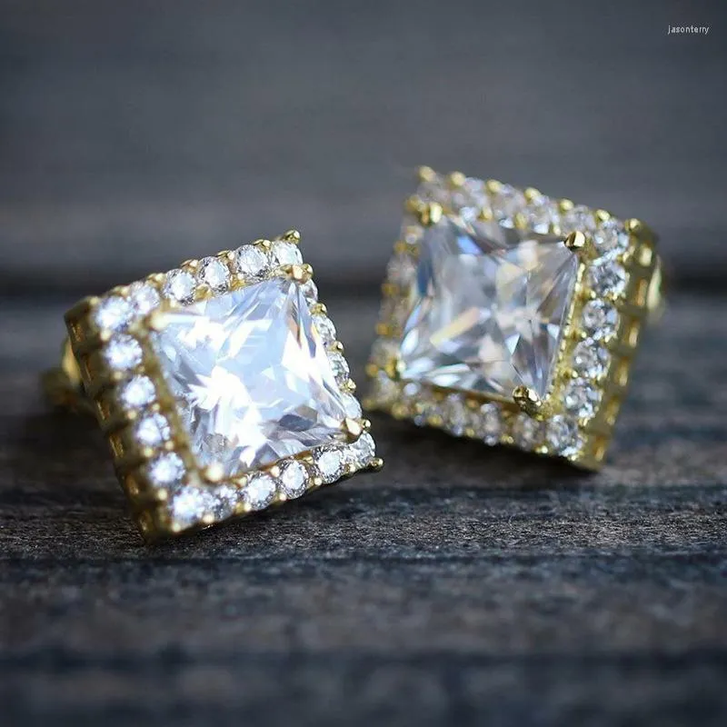 Stud Earrings Classic Gold Plated Square For Women Shine White CZ Stone Inlay Fashion Jewelry Wedding Party Gift Earring