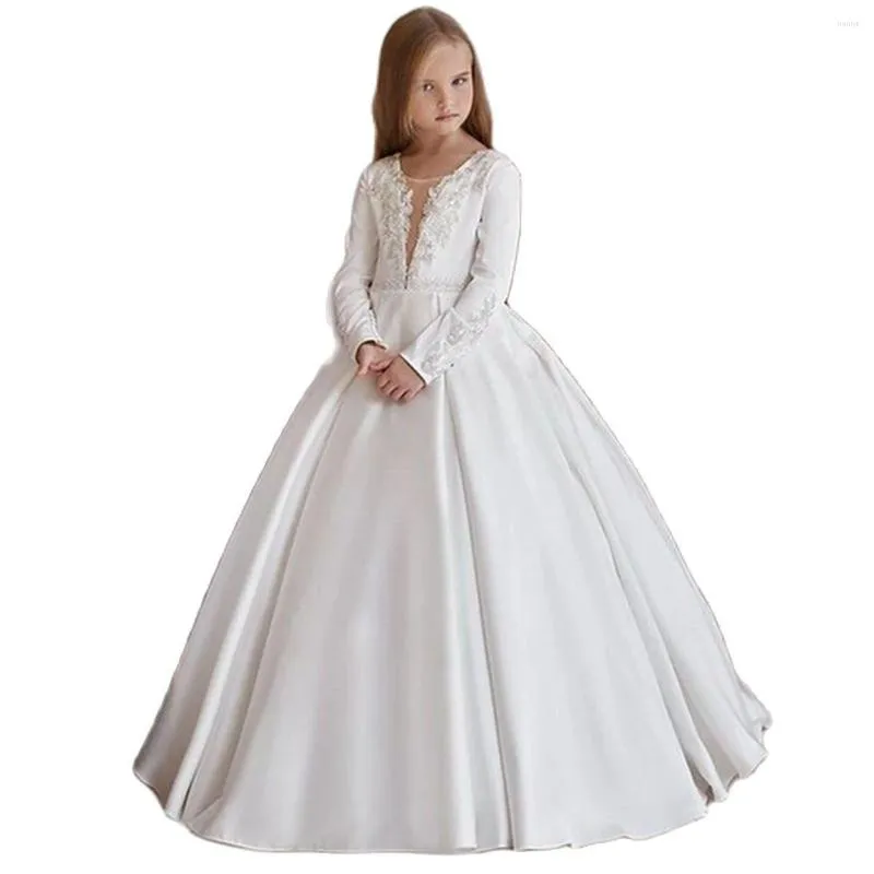 Girl Dresses White A-Line Luxury -Neck Applique Flower Kid Wedding Embroidery Party Floor Long Sleeves