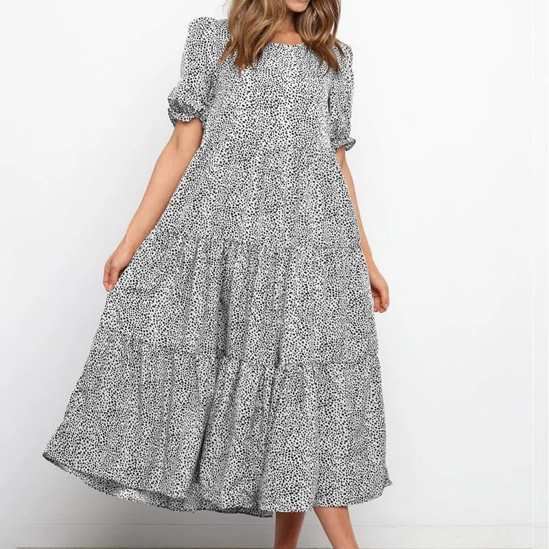 Casual Dresses Summer Puff Sleeve Plaid Polka Dot Stitching Loose Beach Boho Dress for Womens Long Maxi Vintage Vestidocasual