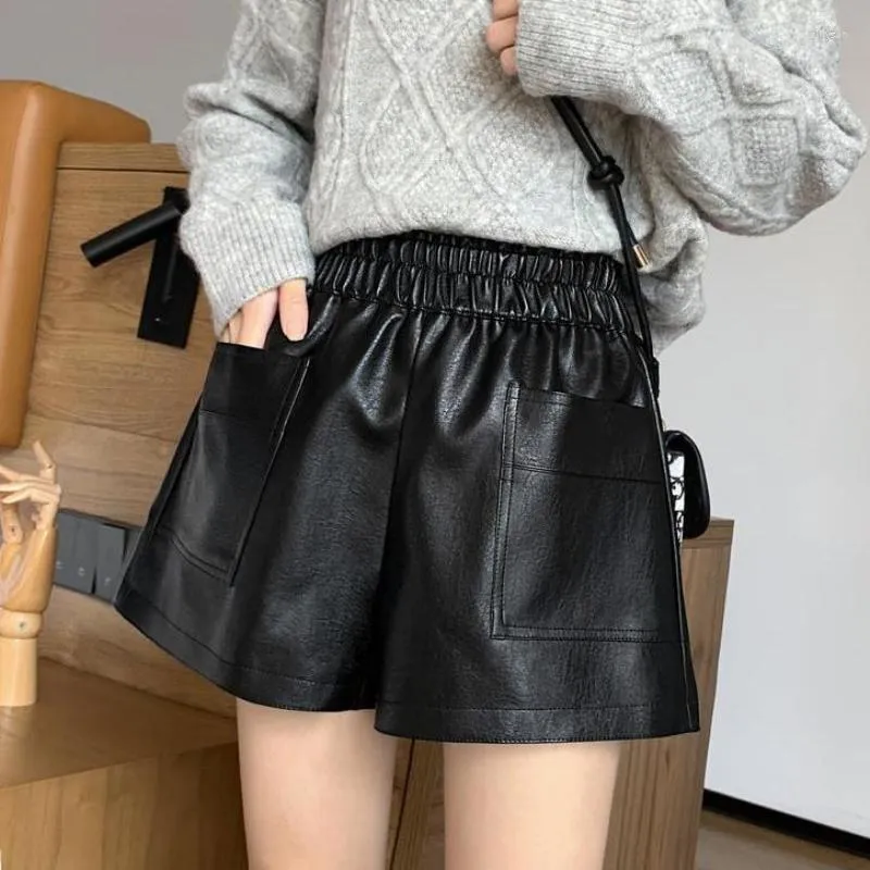 Women's Shorts Woman PU Leather Female Black High Quality Short Pants With Pockets Loose Casual Ladies G174