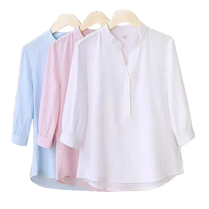 Women's Blouses Shirts Insta Half Sleeve Elegant Shirt White Pink Button Vintage Blouse Stand Collar Ladies Cotton Shirt Female Casual S-3XL 230309