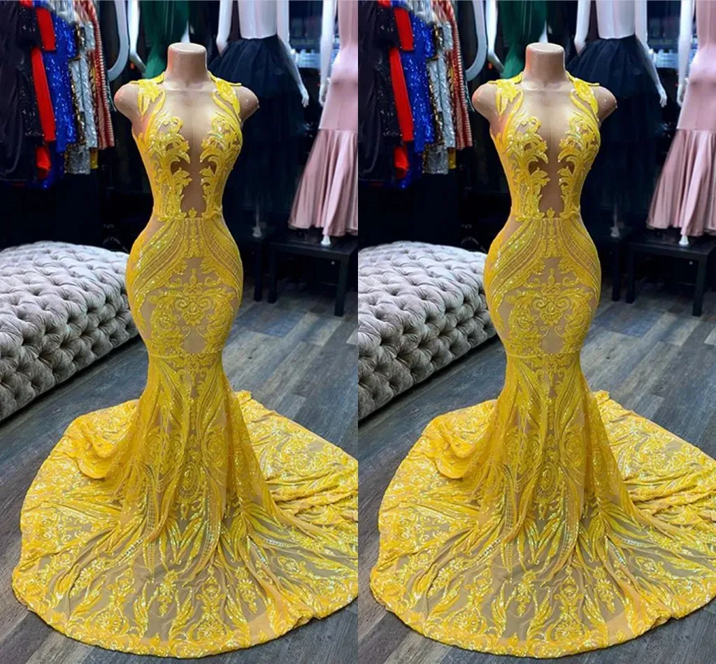 Yellow Evening 2023 Dresses Sleeveless Mermaid Illusion Bodice Sequins Jewel Neck Floor Length Plus Size Pleats Prom Gown Formal Custom Vestidos