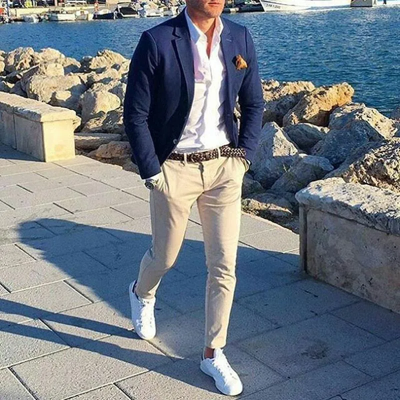 Erkekler Sapat En son palto pantolon lacivert Business Düğün Damat Smokin 2piye İnce Terno Maskulino Kostüm Homme Man Blazers