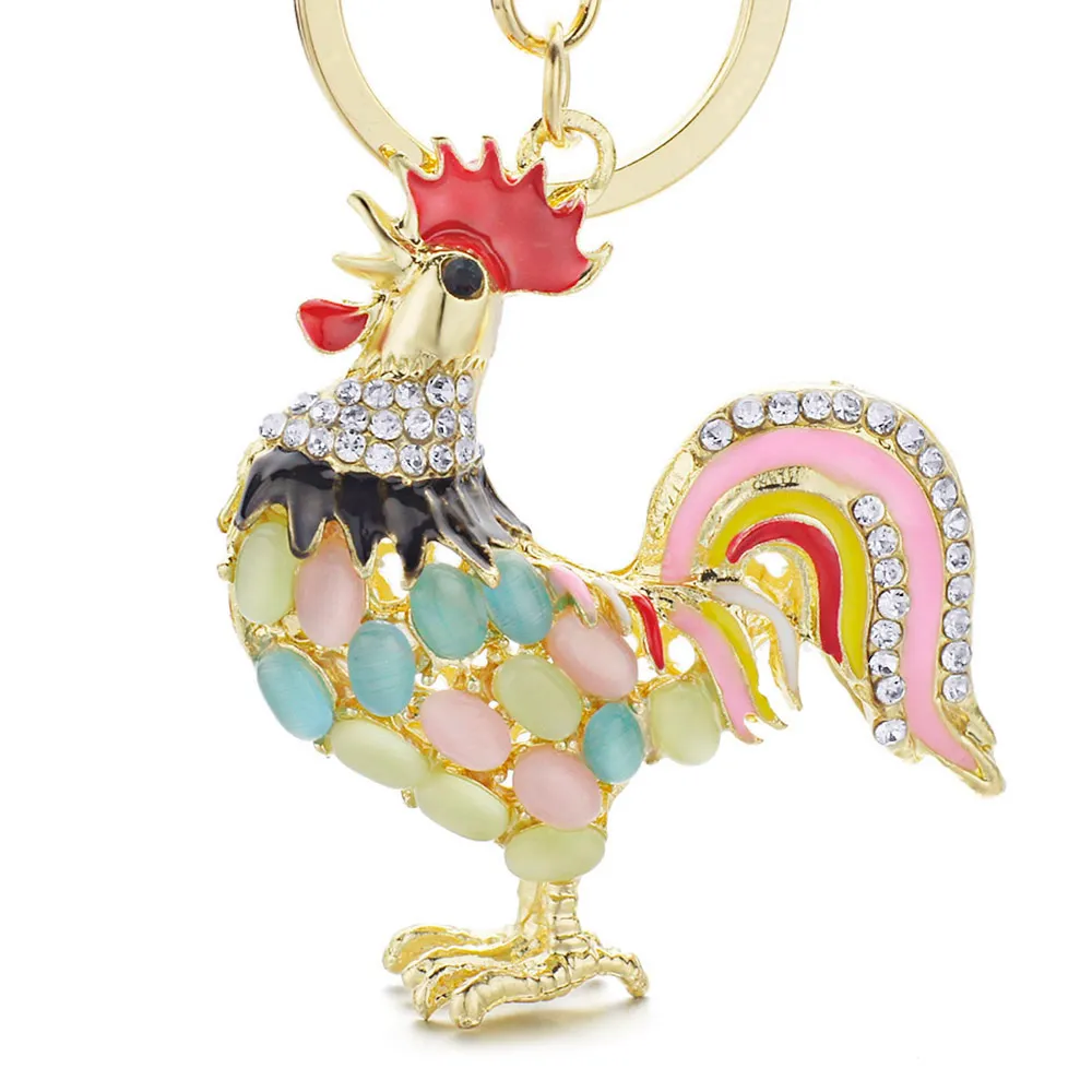 Nyckelringar Ganska söta Opals Cock Rooster Chicken Keychains Utsökta Crystal Bag Pendant Key Ring Key Chains Gift Jewelry Llaveros K131