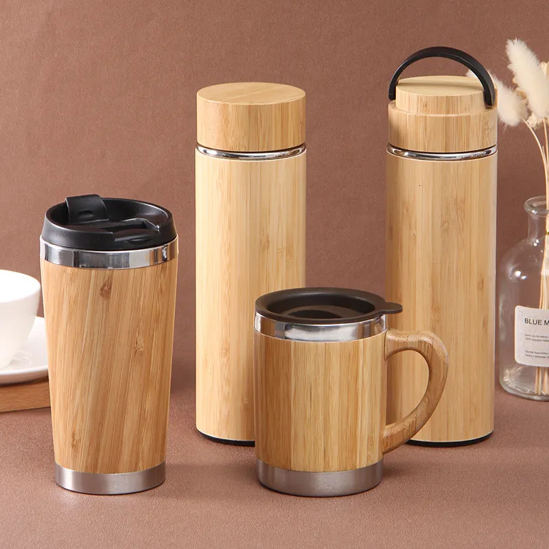 Water Bottles 350/450ml Bamboo Thermos Stainless Steel Water Bottle Tumblers Portable Vacuum Flask Coffee Cup for Home Office Custom 230309