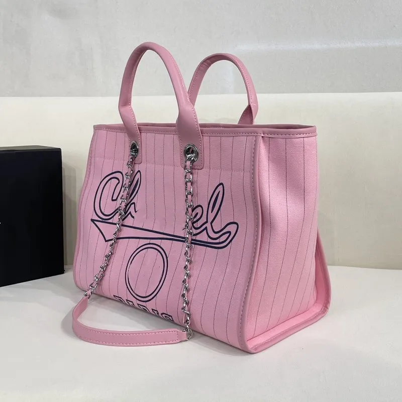 pink tote shoulder beach channel bag with handle canvas totes chain shoulder strap medium size women shopping on the go cc beach tote luxury designer handbag women