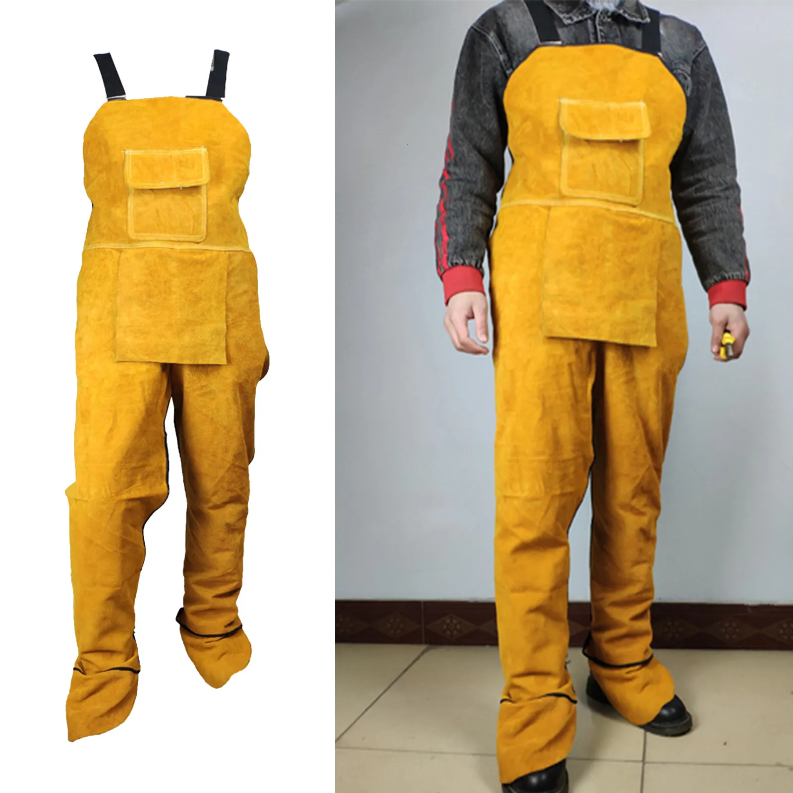 Grembiuli Abbigliamento per saldatura per impieghi gravosi Pelle bovina Gamba divisa Bavaglino resistente al calore con tasche Strumento per uomo Donna 230308