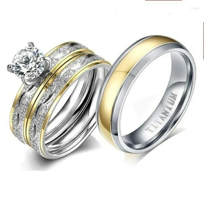 Cluster Rings Luxury Couple Ring Women's Gold Zircon Men's Simple Frosted Stainless Steel Pair Ornaments Engagement