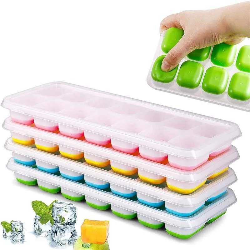 Ferramentas de sorvete 14 grades Cubos de gelo bandejas de silicone reutilizável Cubo de gelo Fruit Fruit Ice com tampas removíveis Ferramentas de cozinha Freezer Summer Mold Z0308