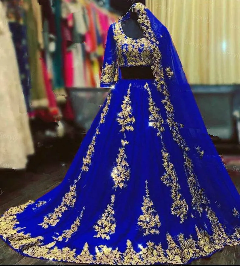 Seksowne indyjskie arabskie bordowe suknie ślubne A-line z Cape Veil Dwuczęściowe złotą koronkę muzułmańską na pół rękawie Niebieska suknia panny młodej w Dubaju