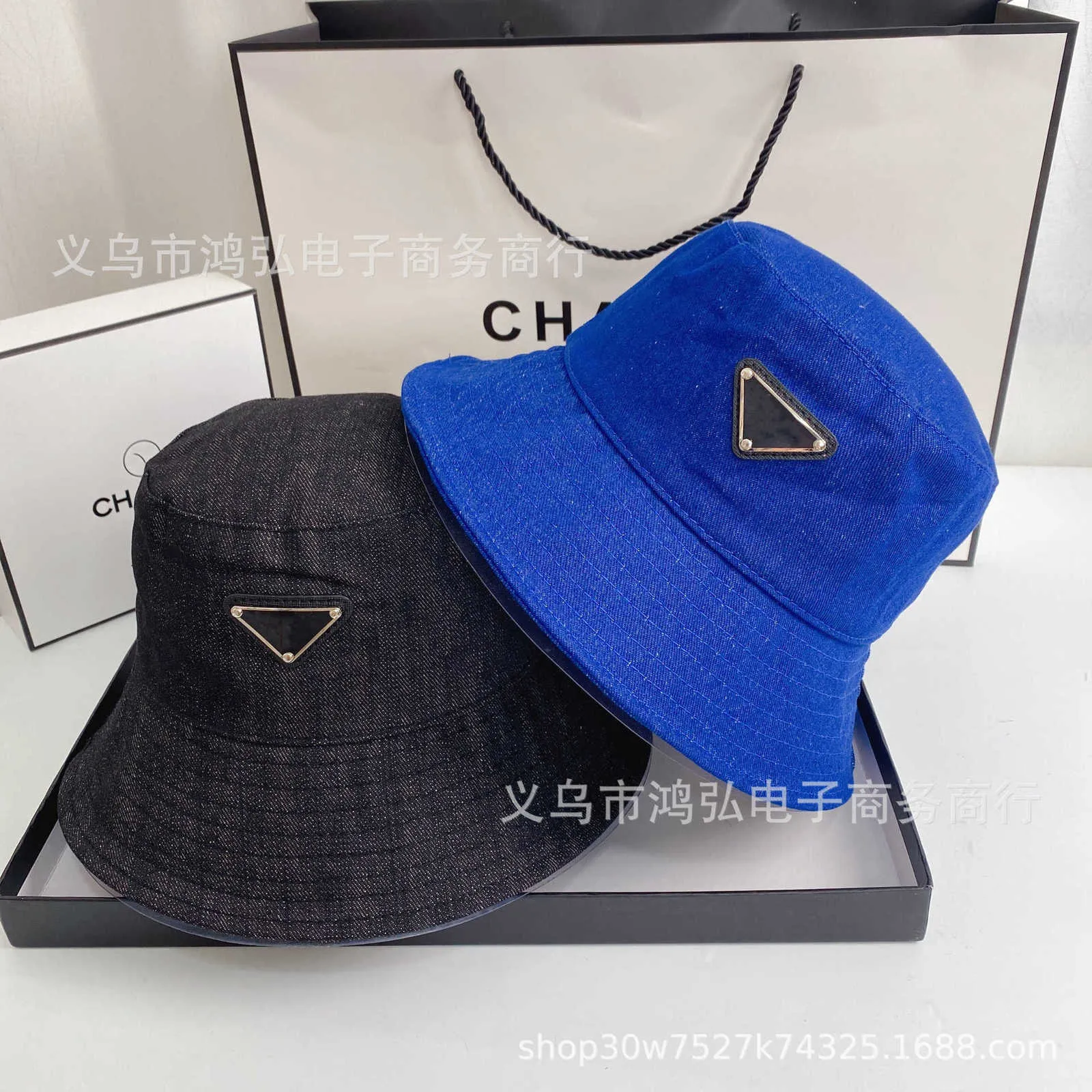 Fashion Pradd Cool Fisherman Hat 2022 Originele hoogwaardige en correcte versie P Familie omgekeerde driehoek Denim Sunshade Zonnebrandcrème Vissershoed