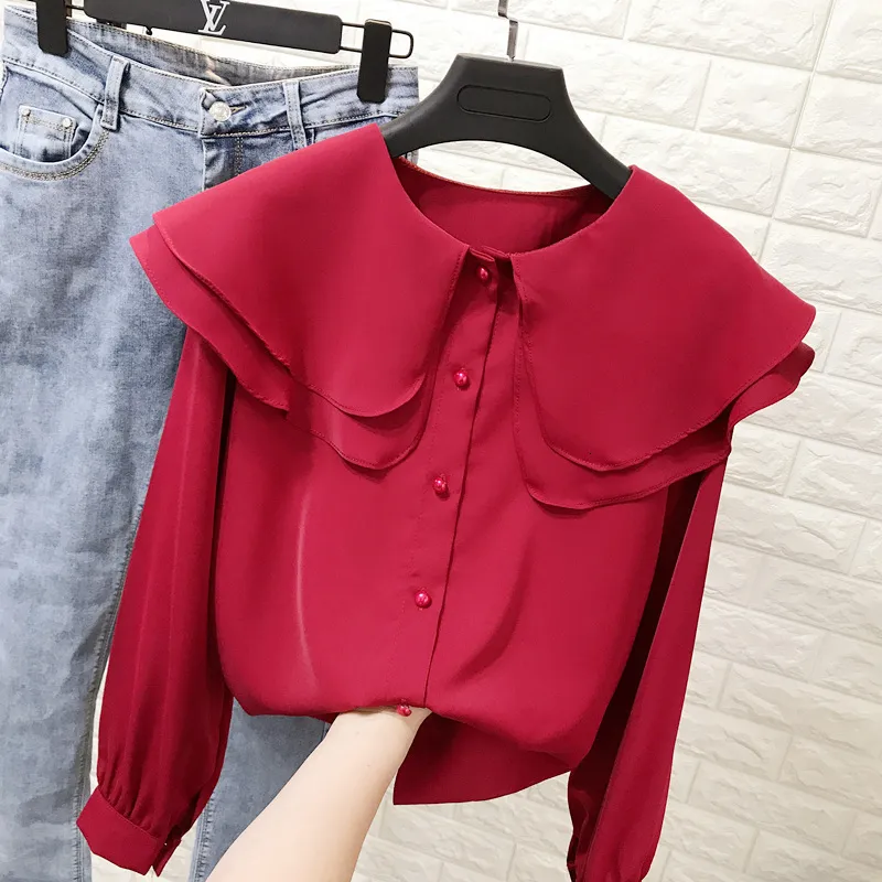 Women's Blouses Shirts Double-Layer Doll Collar Long Sleeve Chiffon Shirt Women's Loose-Fit Ruffled Blouse Woman Blusas All-match Tops Nancylim 230309