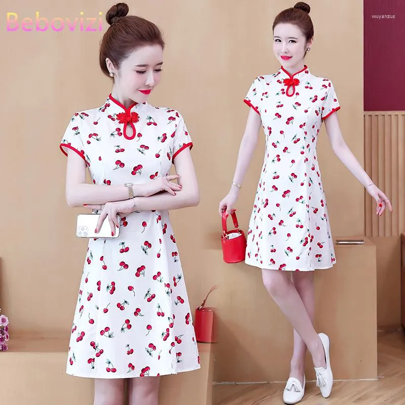 Ethnic Clothing Plus Size M-4XL 2023 Summer White Print Short Sleeve Qipao For Women Chinese Modern Cheongsam Party Casual Traditional Dress