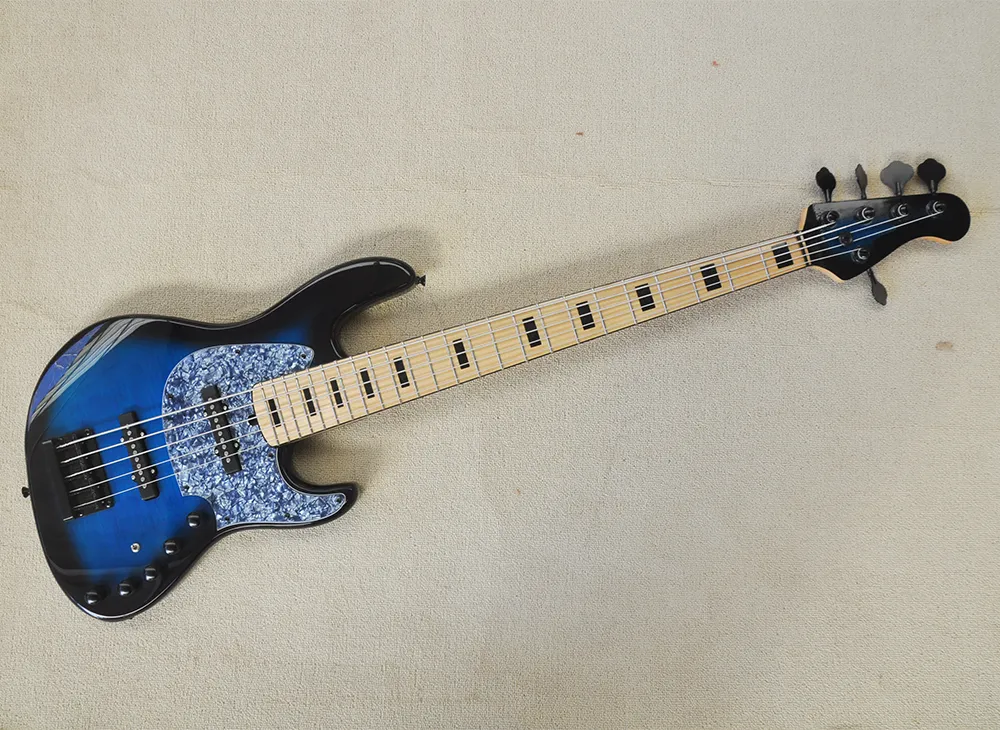 5 strängar Blueelektrisk basgitarr med lönnfingerbrädan grå pärla pickguard