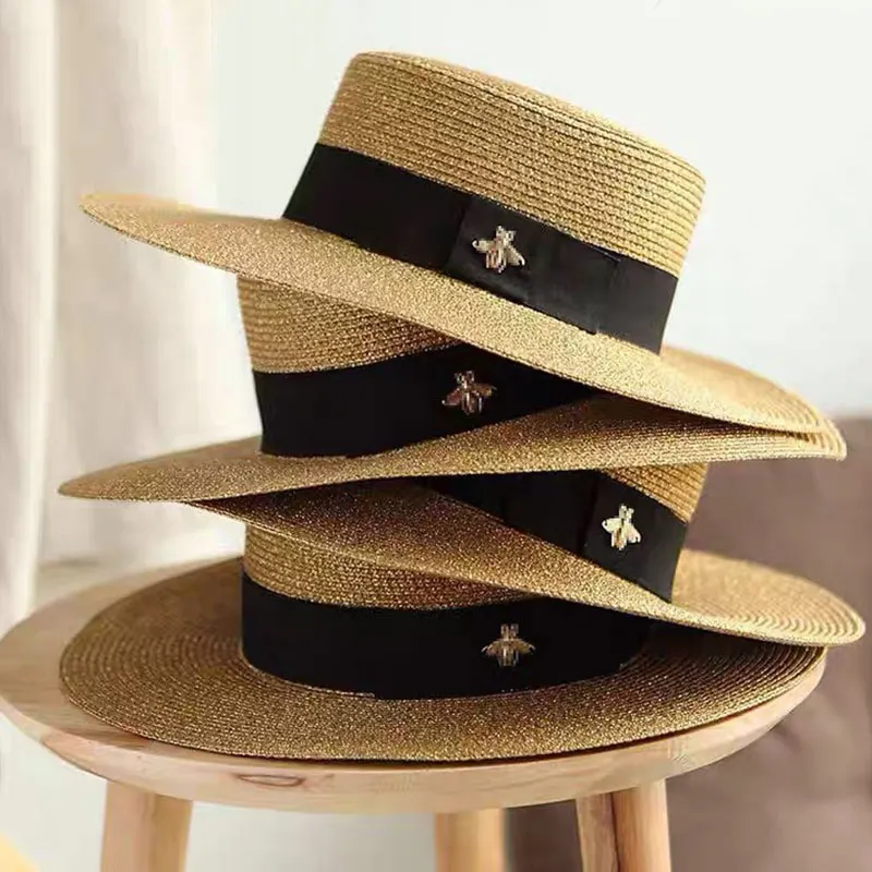 Wide Brim Hats Bucket Hats Gorgeous Golden Glitter Wide Brim Hats Bee Black Ribbon Straw Hats Lady Travel Vacation Fashion Personality Hats