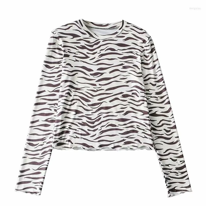 Kvinnors T-skjortor Kvinnor långärmad toppar Summer Vintage Chic Brown Zebra Print Round Neck T-shirt Kvinnlig mode Bottomskjorta