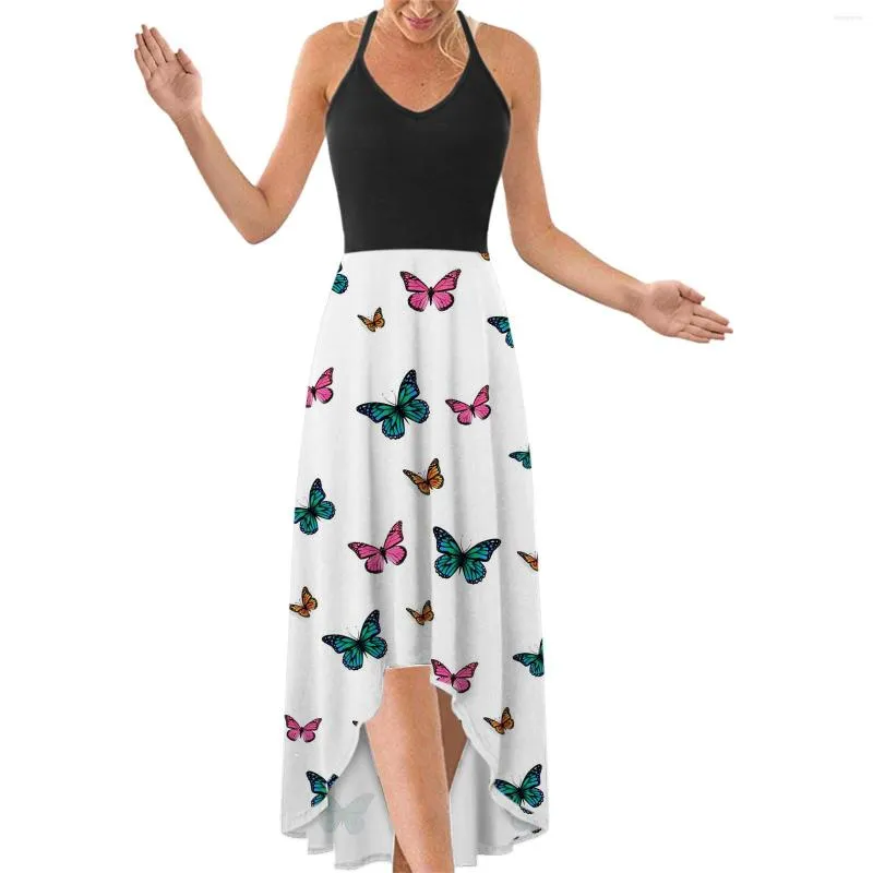 Casual klänningar Kvinnors oregelbundna tryckta mode Sling Dress Buttefly V-Neck Hem Long Examens för kvinnor Womens Sports