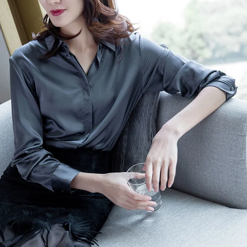 Women's Blouses Shirts Spring Office Lady Women Slim Grey Long Sleeve Tops And Blouses Woman Womens Imitation Silk Blouse Top Shirt With Collars 230309