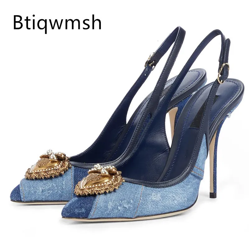 Dress Shoes Blue Denim Gladiator Sandals Women Pointed Toe Gold Metal Heart Slingback Thin High Heels Woman Sexy Party Shoes 230309