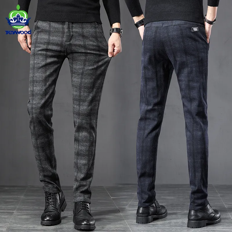 Men's Pants Spring Autumn England Plaid Work Stretch Pants Men Cotton Business Fashion Slim Grey Blue Casual Pant Male Brand Trouser 38 230309