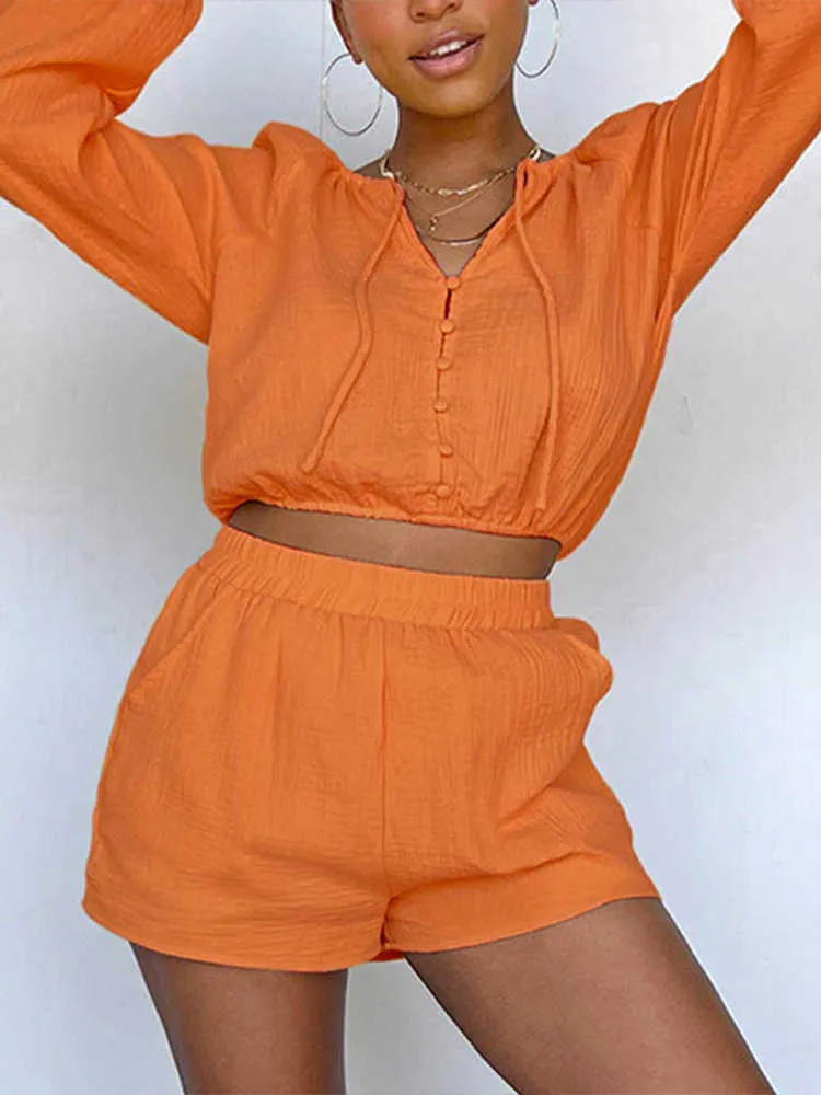 Women's Tracksuits Orange Shirt Mini Shorts Two Piece Set Women Summer Long Sleeve Drawstring Shirts Outfit Female 2022 Lady Streetwear Suit L230309