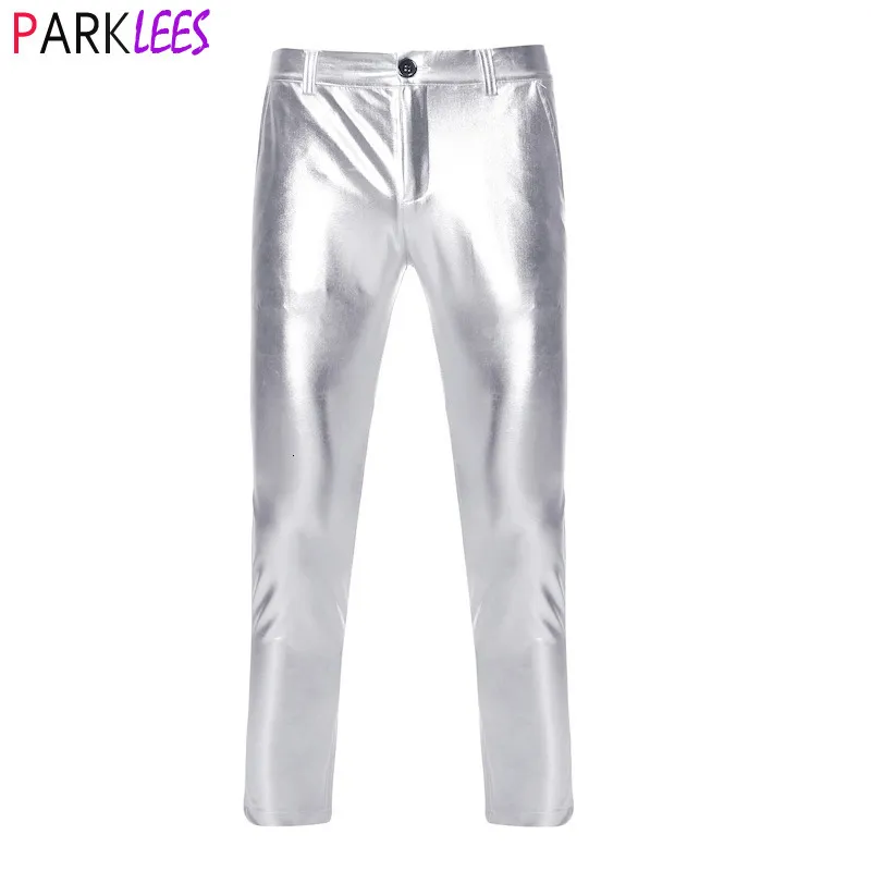 Pantalons pour hommes Mode Pantalon métallique enduit d'argent pour hommes Marque PU Faux Pantalon de moto Pantalon à jambe droite Discothèque Costume de scène 230308