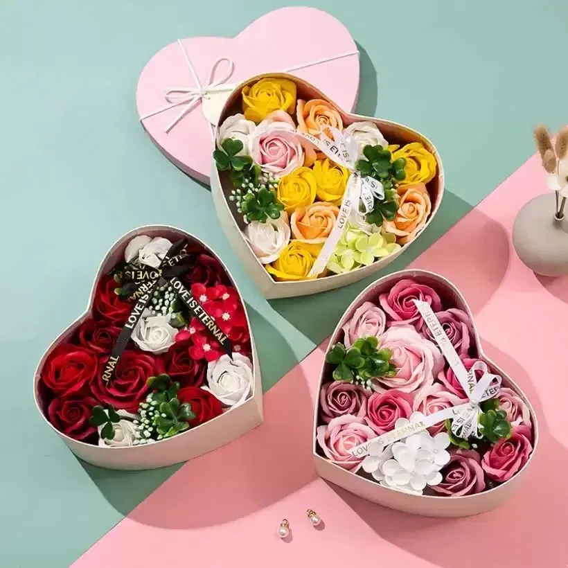Walentynki Mydło Flower Flower w kształcie serca kwiaty róży i pudełka bukiet dekoracja ślubna Festiwal Prezenty RRA1208