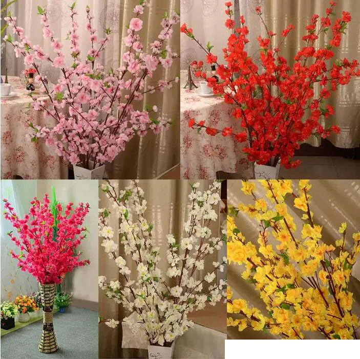 Cereja artificial primavera ameixa flor de pêssego ramo árvore de seda para decoração de festa de casamento branco vermelho amarelo rosa 5 cores