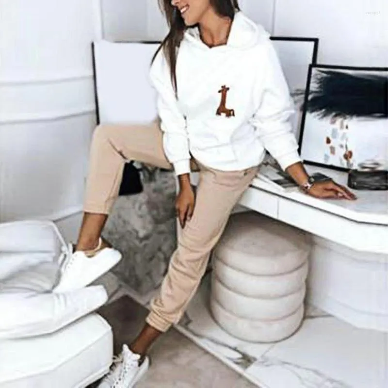 Kvinnors tvådelar byxor 2st/set minimalistisk tröja set andningsbar daglig slitage långa ärmar huva fast färg kvinnor outfit