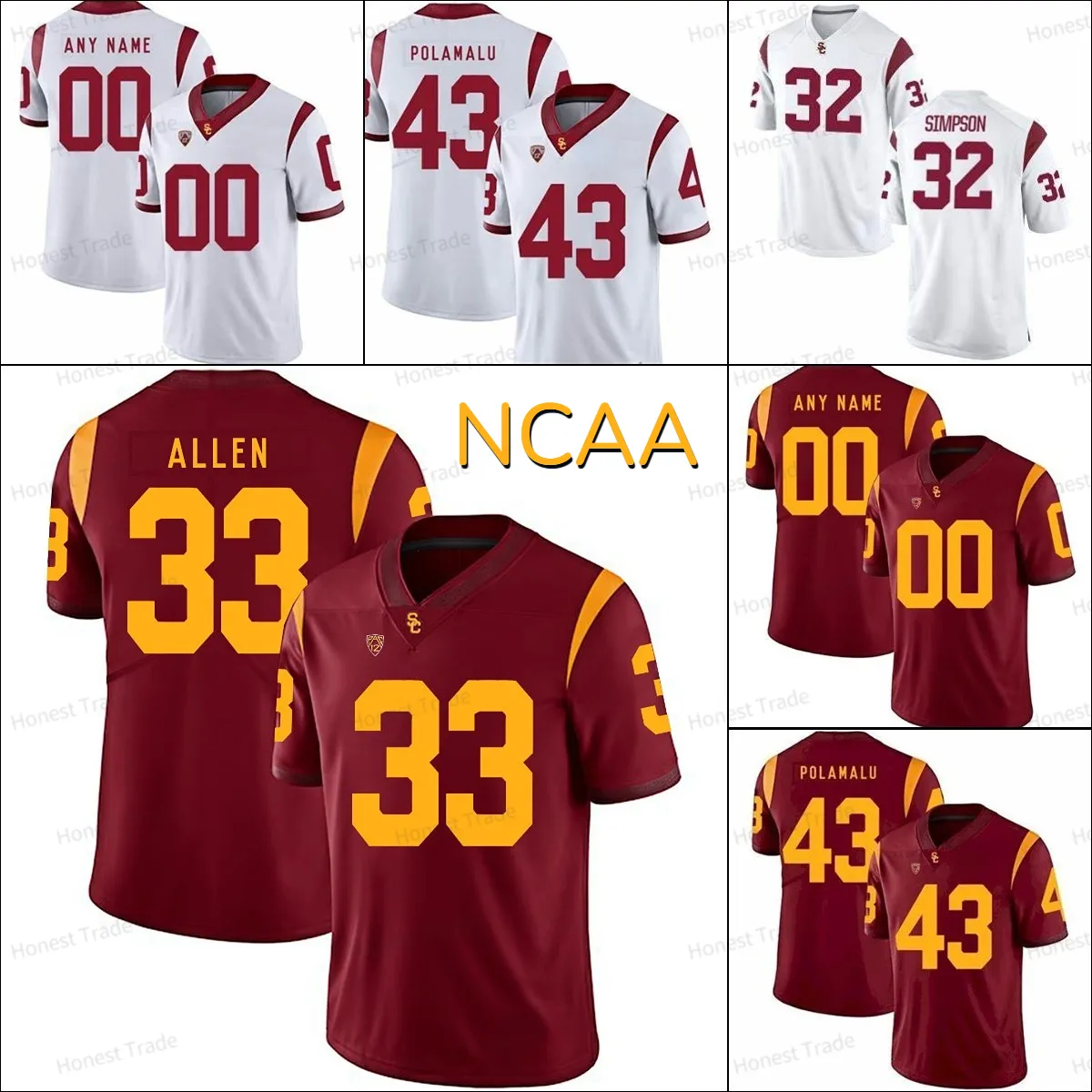 USC Trojans Jersey 43 Troy Polamalu Reggie Bush Marcus Allen OJ Simpson NCAA White Red University Jerseys Mens