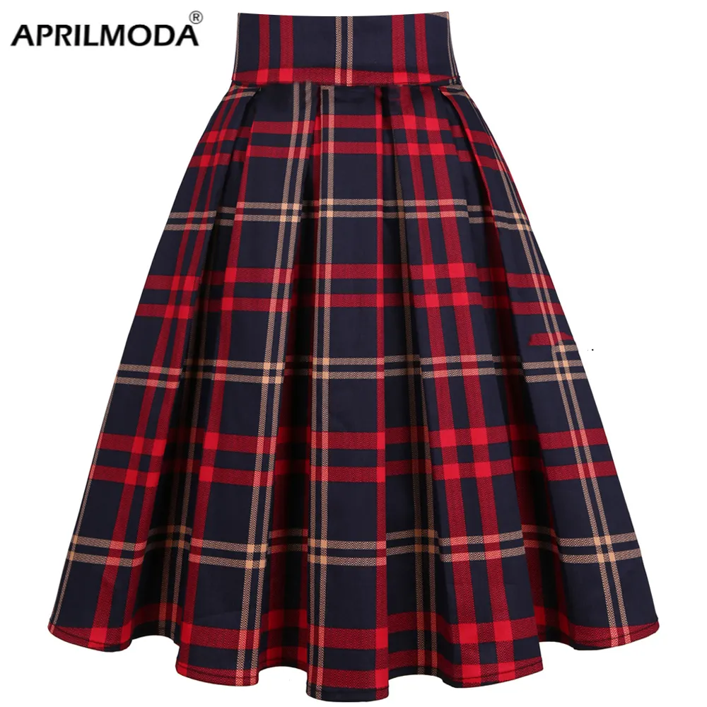 Skirts Y2K Vintage Pleated Red Plaid Skirt School Uniform Print High Waist Women Retro Summer 50s Rockabilly Skirts Cotton Midi Skater 230308