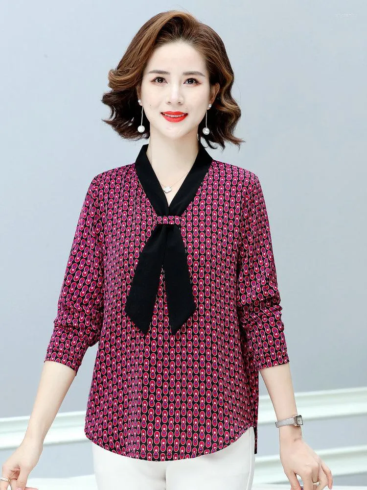 Women's Blouses 2023 Lente vrouwen Tie nek chiffon paarse oranje print lange mouw zijden sjaal kraag topkantoor dames elegante kleding