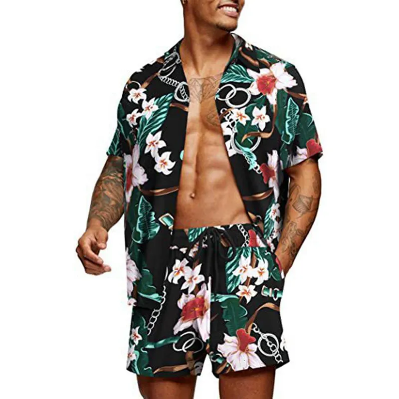 Mens Tracksuits Fashion Print Sets Lapel Short Sleeve Casual Shirt Beach Shorts Set Summer Vacation Hawaiian Suits S5XL 230308