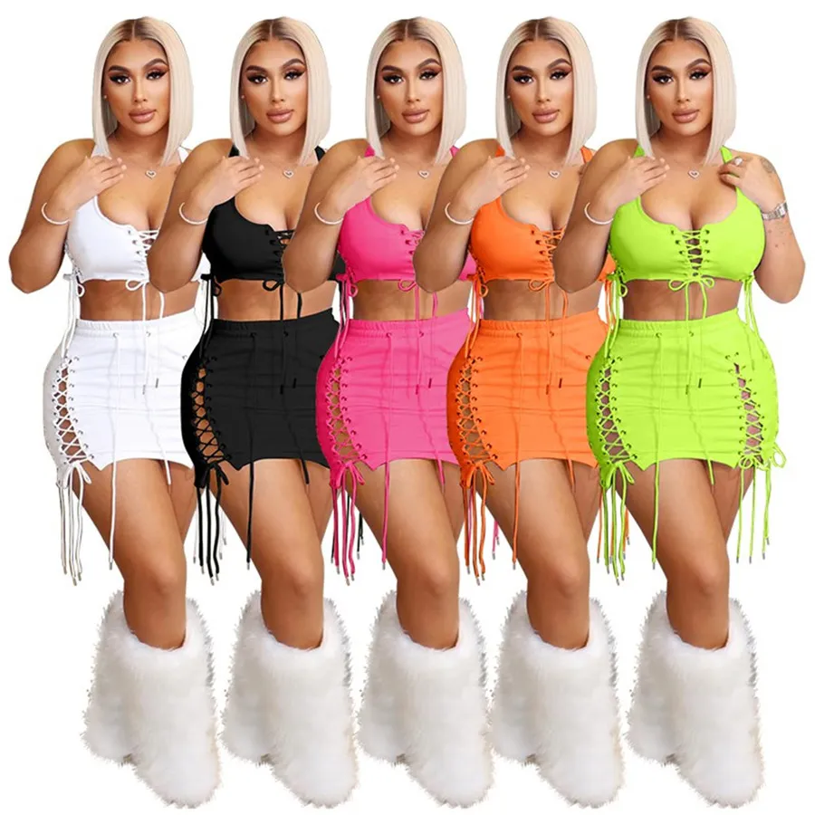 Hurtowe bandaż mini spódnice Deep V Cropped Top Kamizela Summer Dwa sztuki Spódnice Zestawy klubu nocnego stroje streetwearu 9438