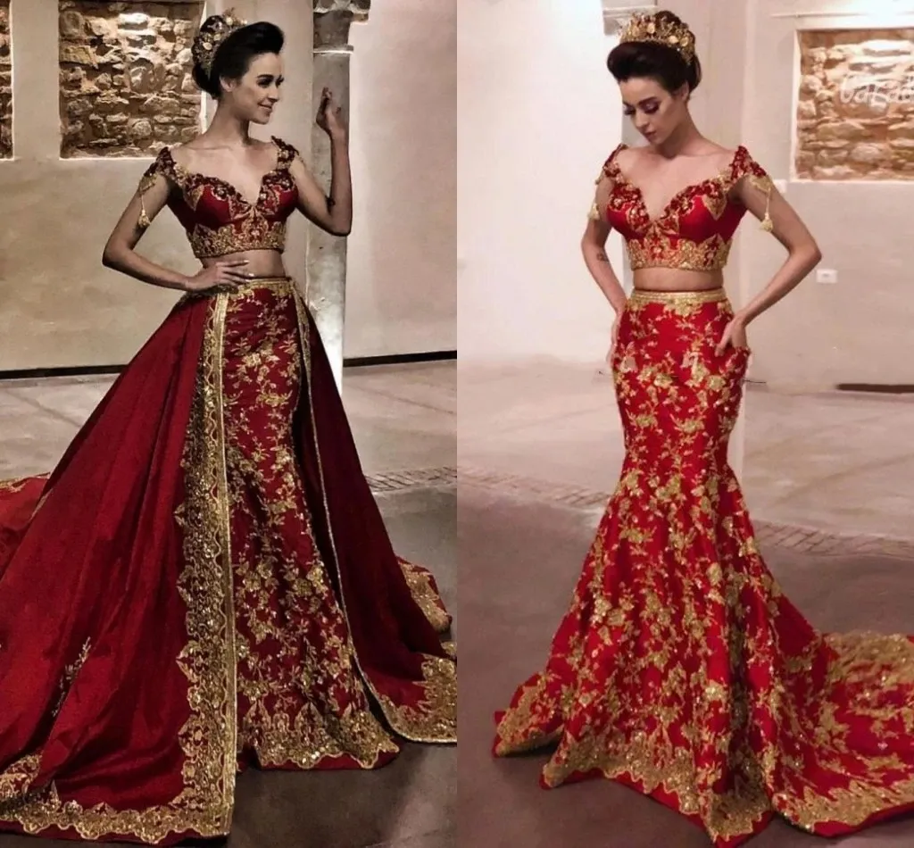 Indian Red Mermaid Evening Dress With Detachable Train Sexy 2 Piece Reception Prom Gown Morocca Abaya Dubai 2023 Robe De Mariee 2 in 1 Formal