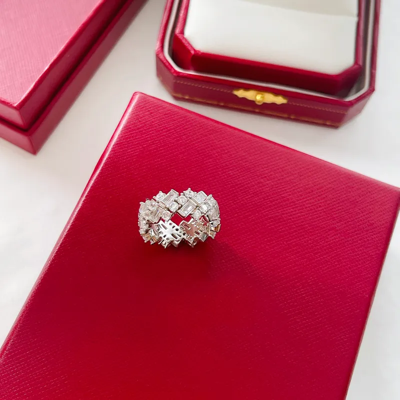 Luxury designer ring three rows of diamonds rings square diamond ring 6-10 size fashion versatile unisex temperament ring high-end luxury fashion simple