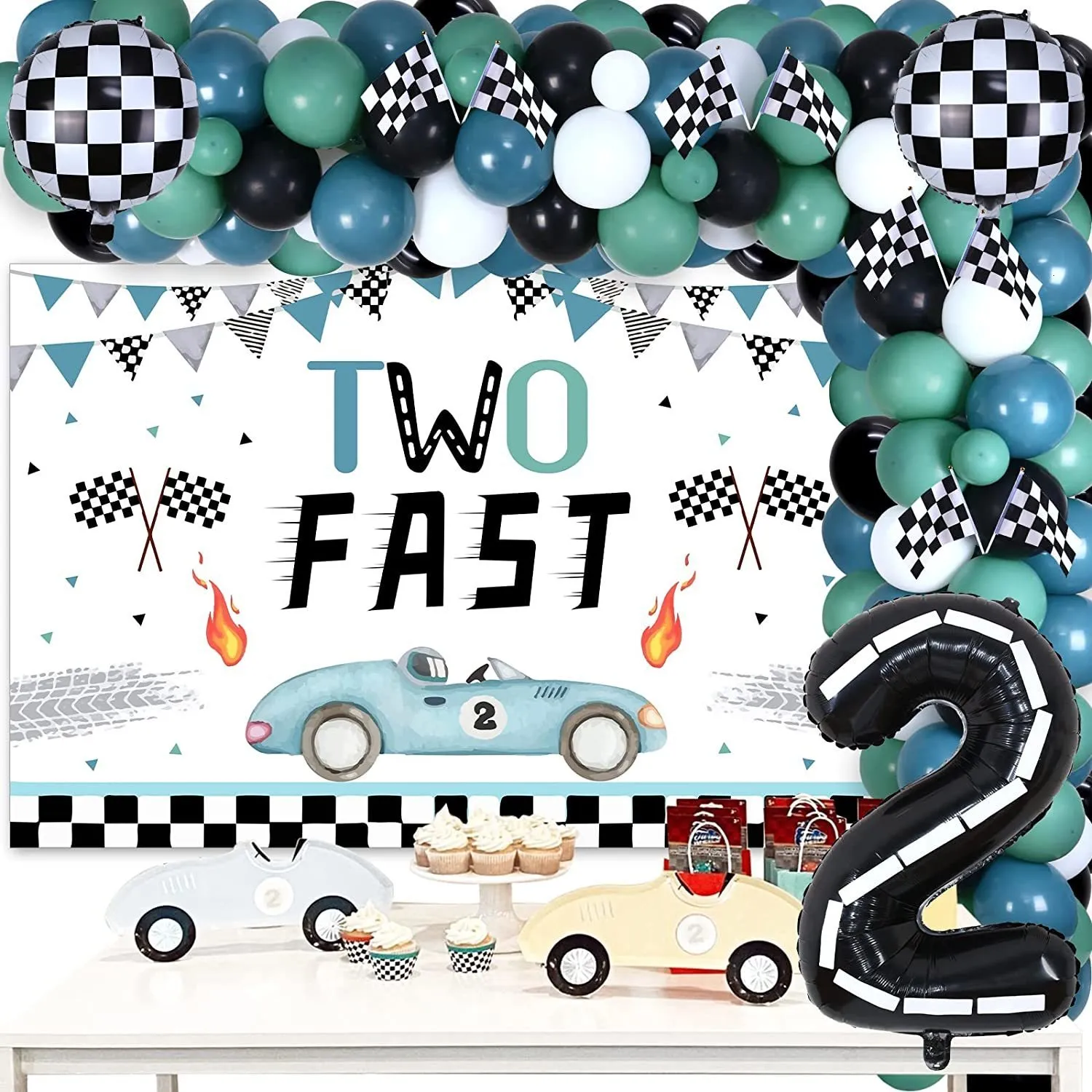 Weitere Partyzubehör für Veranstaltungen: Sursurprise Two Fast Boy Dekorationen für den 2. Geburtstag, Vintage-Rennwagen-Ballon-Girlanden-Set, Hintergrund, Lets Go Racing-Partyzubehör, 230309