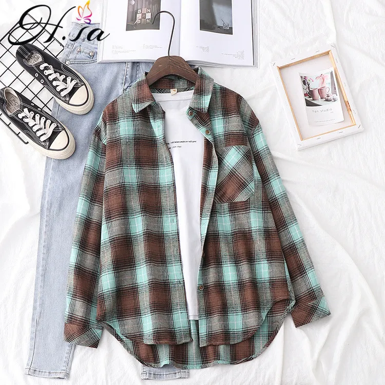 Kvinnors blusar skjortor HSA Autumn Spring Plaid Flanell Shirt Women Bluses and Tops Retro Cotton Lady Loose Outwear Korean Tops Femme 230309