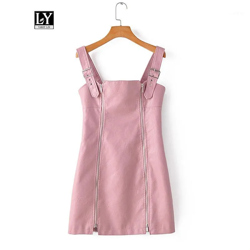 Casual jurken ly varey lin vrouwen pu faux lederen jurk sexy strapless algehele mini slanke rits zwart roze hoge taille vestidos1