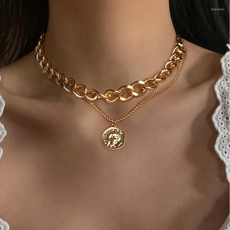 Choker 1 PC Fashion Gold Color Statement kettingen Rock Coin Pendant 2 Layer Chain Women Wedding Sieraden