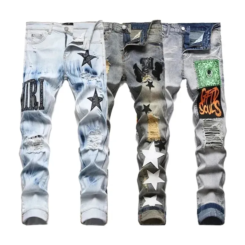 Designer Mens Jeans Pants Ripped High Street Brand Pantalones Vaqueros Para Hombre Motorcycle Embroidery Trendy Long Hip Hop with Hole Blue Men Clothing
