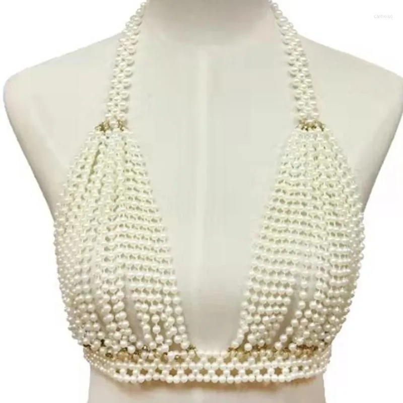 Women's Tanks Women Imitation Pearl Halter Bikini Bra Sexy Backless Boho Chest Body Chain Jewelry Tassel Harness Beachwear Accessories