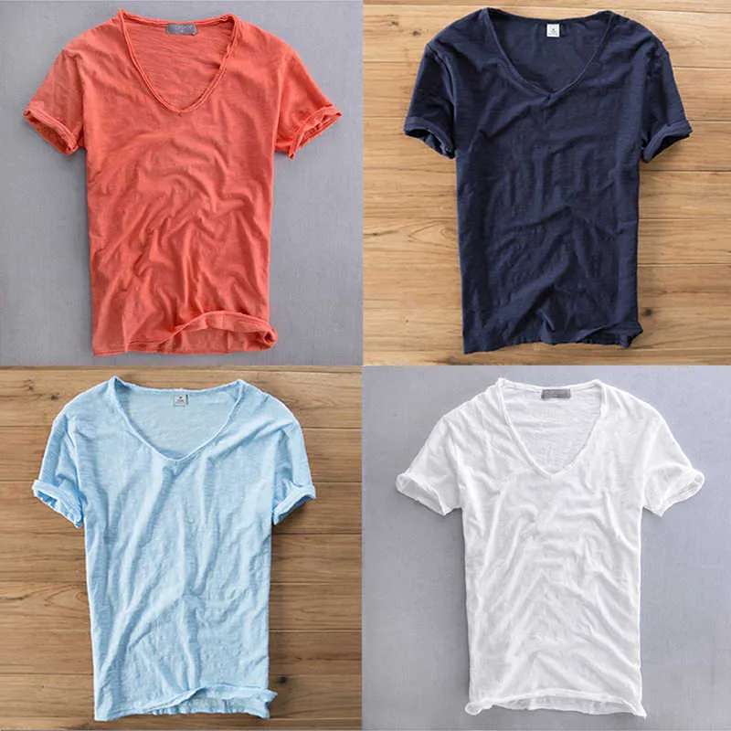 Herren T-Shirts Ultra dünner atmungsaktives Sommer Lose Unterhemd Deep V Hals T-Shirt Leinen T-Shirt Unterwäsche Männer Kurzarm weißer Marine Lavendel G230309