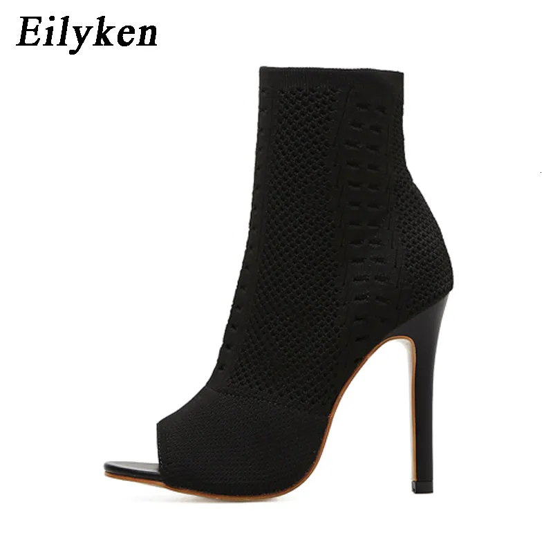 Botas eilyken estilo peep dedo dedo botas de tornozelas esticar feminino de tecido de botas respiráveis ​​pólo de dança bombas sapatos 230309