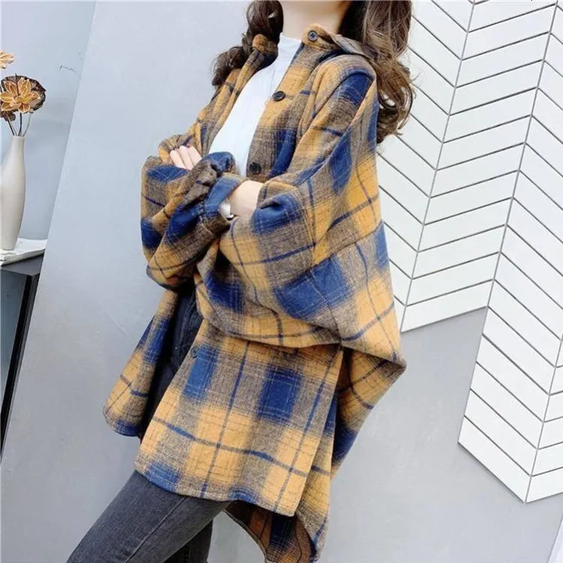 Damenblusen Hemden Frauen Plaid Lose Bluse Dame Koreanisches Übergroßes Top Langarm Vintage Lose Baumwolle Lässige Bluse mit Knopfleiste 230309